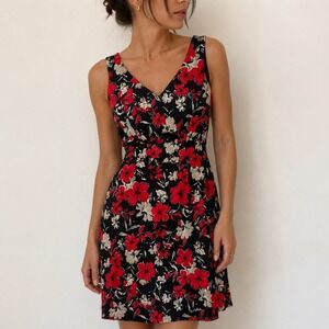 Talbots Black Red Floral Sheath Dress V-Neck Cotton‎ Stretch 8P Classic Retro